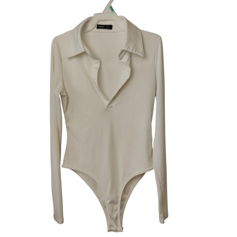 SHEIN Bodysuit‎ Womens Small Cream Ribbed Long Sleeve V-Neck Collared Casual